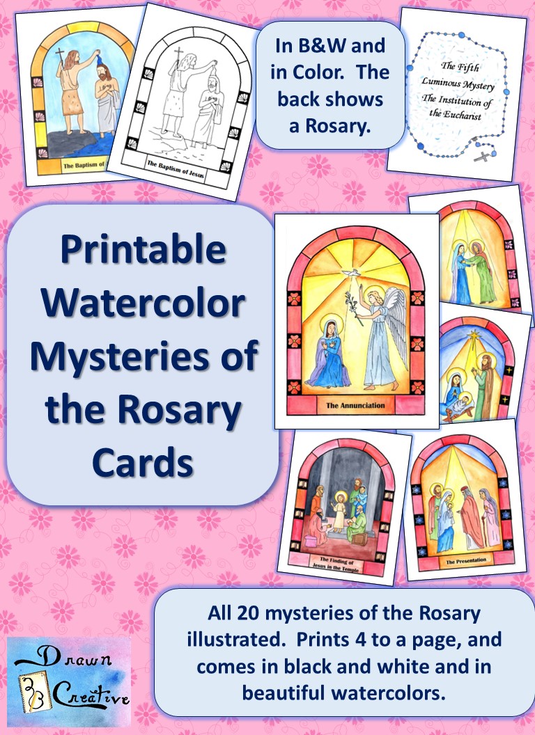 Printable Watercolor Mysteries of the Rosary Cards Drawn2BCreative