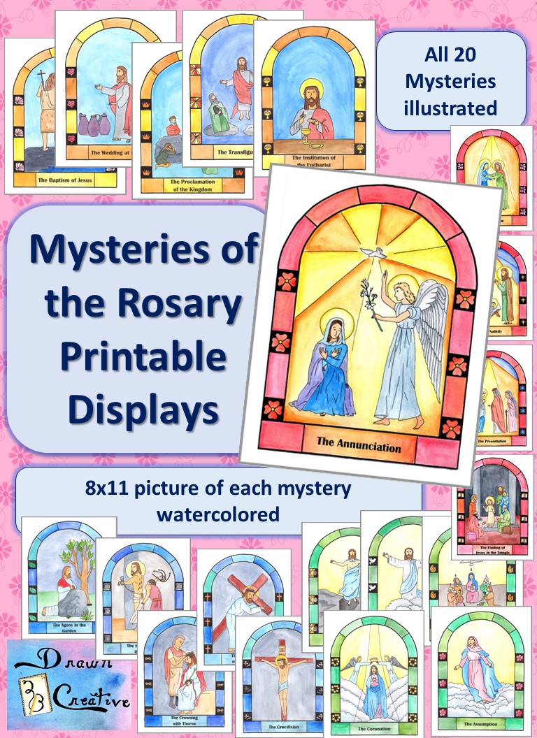 Watercolor Mysteries of the Rosary Display Posters Drawn2BCreative